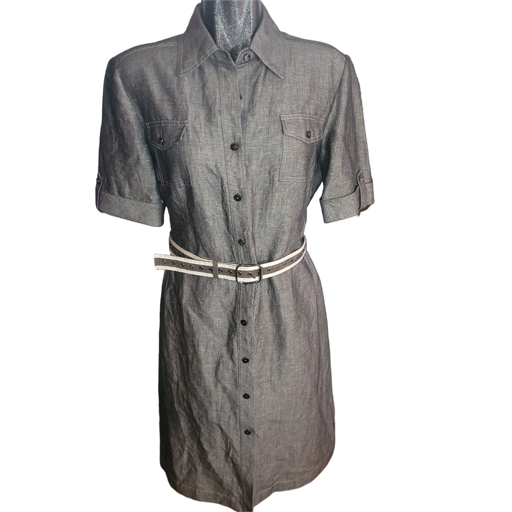 Tahari Gray Button-Front Midi Shirt Dress with White Belt